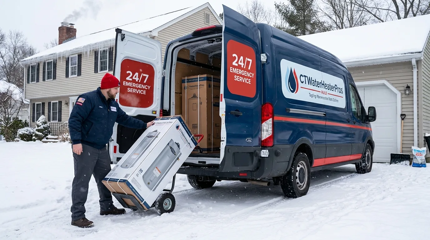 Winter water heater installation in Windsor, Connecticut